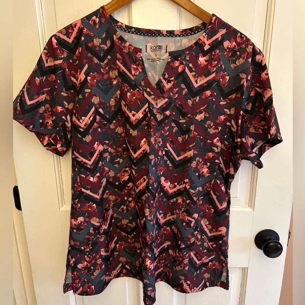 Koi Floral Patterned Scrub Top with Pink and Black Accents